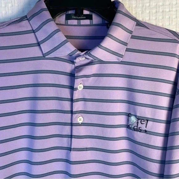 TURTLESON Large Lavender Blue Stripe Polo Shirt Golf Performance Zurich Fore Kid - Picture 3 of 11